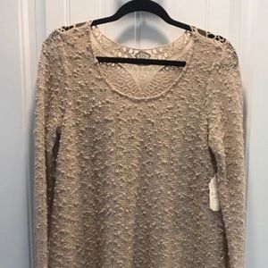 Altar’d State Tan Sweater‎ Dress with Lace Details and Ruffle Hem. Size Small.